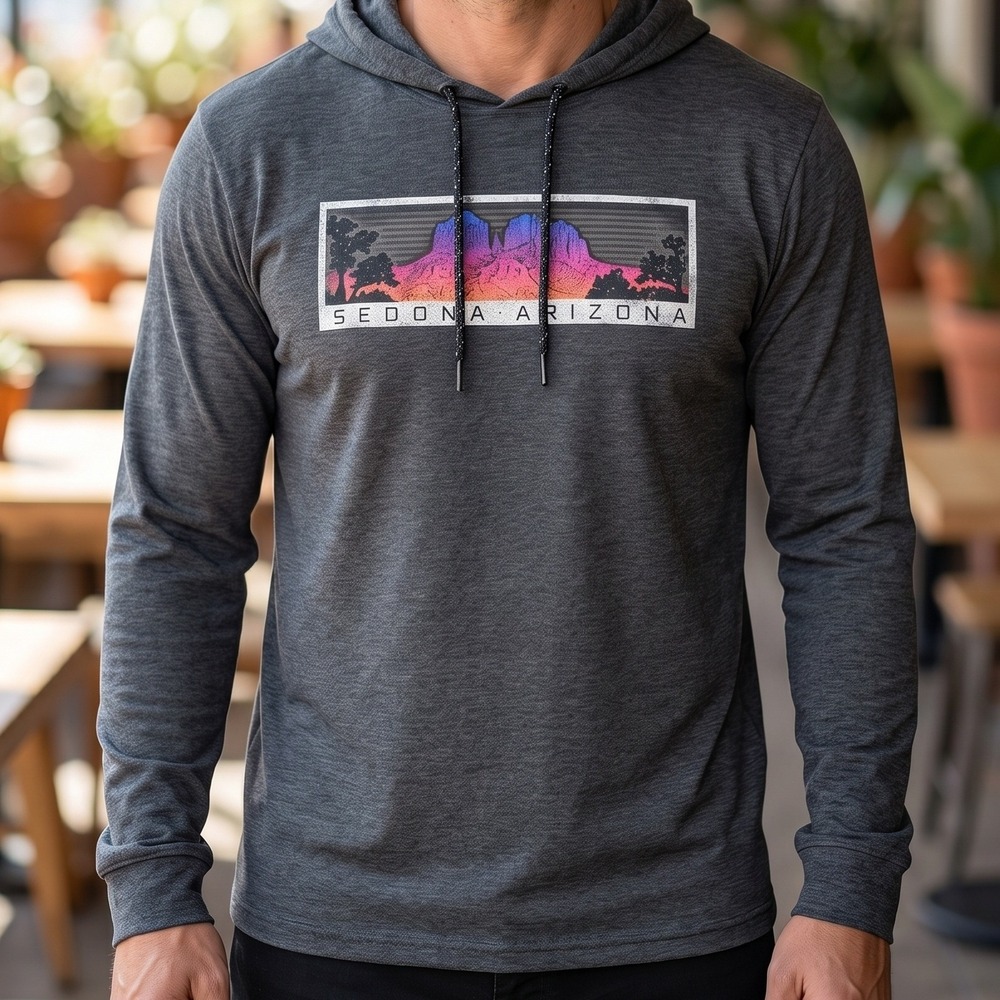 Prairie Mountain Sedona Arizona Sunset Graphic Long Sleeve Hooded T-Shirt Gray